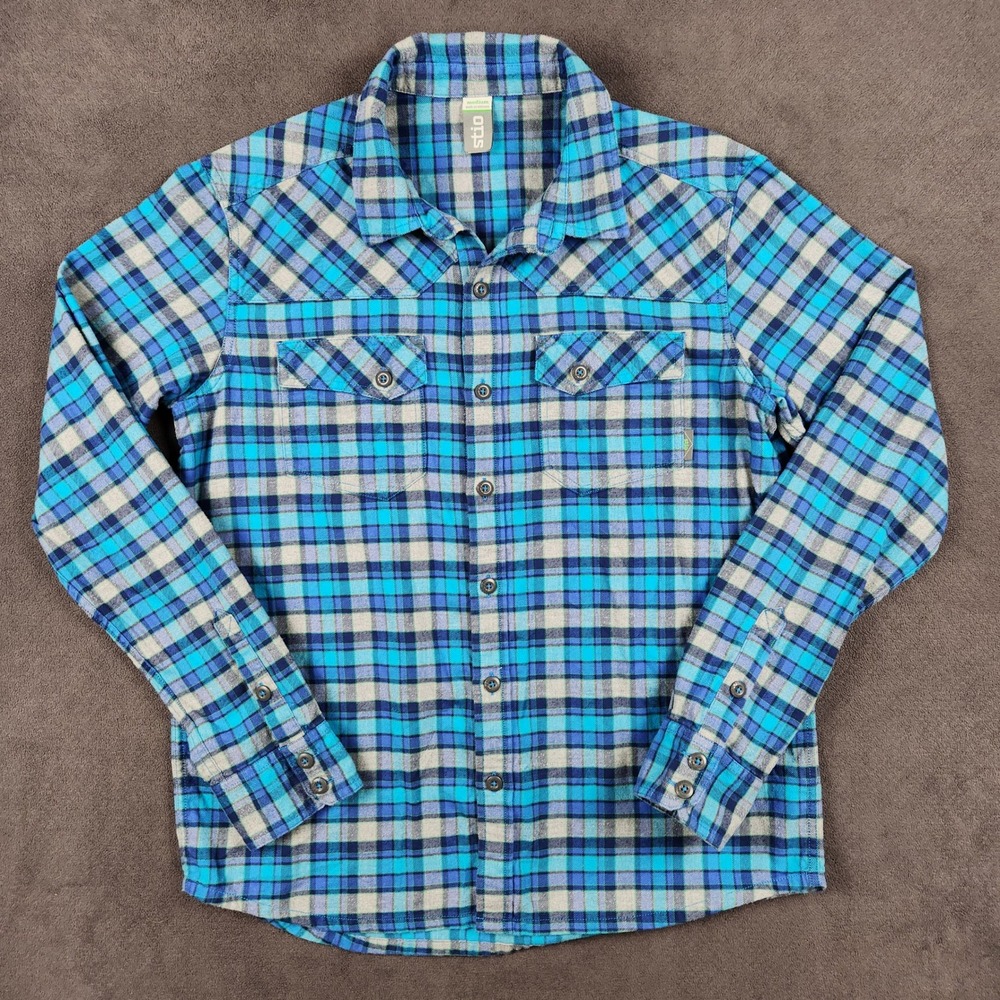 Stio Junction Midweight Flannel Shirt Mens Medium Blue Plaid Western Cotton 2210